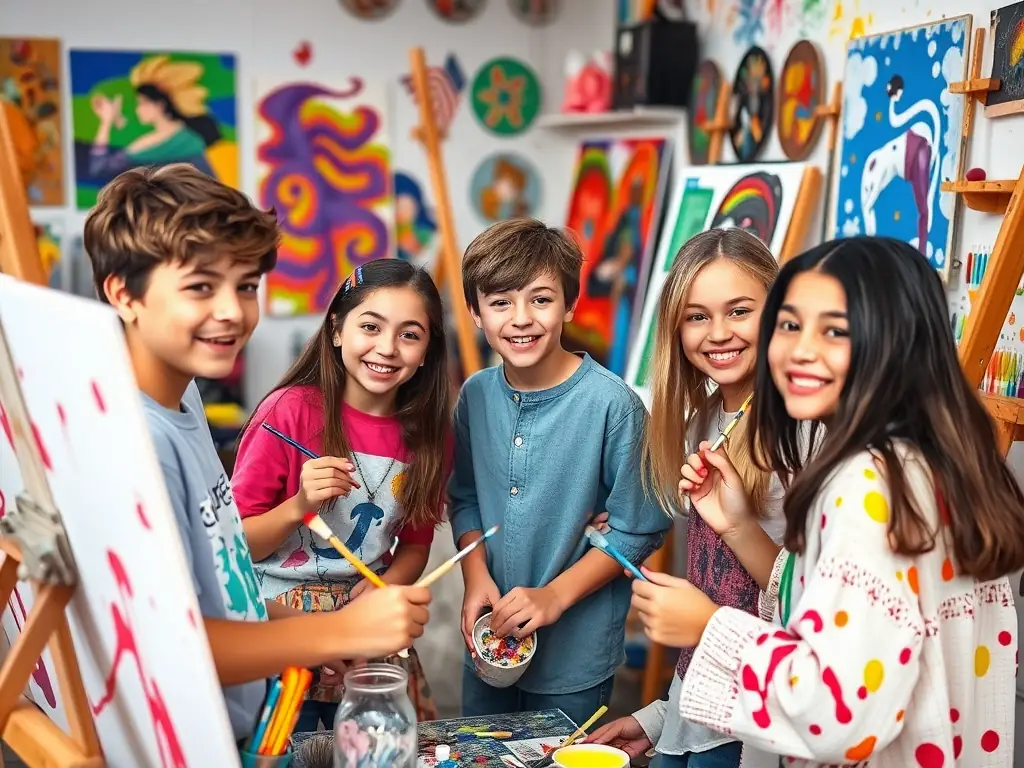 An image of young people engaged in a painting workshop, with vibrant colors and creative expressions, showcasing the cultural and artistic workshops offered by MJCVP.