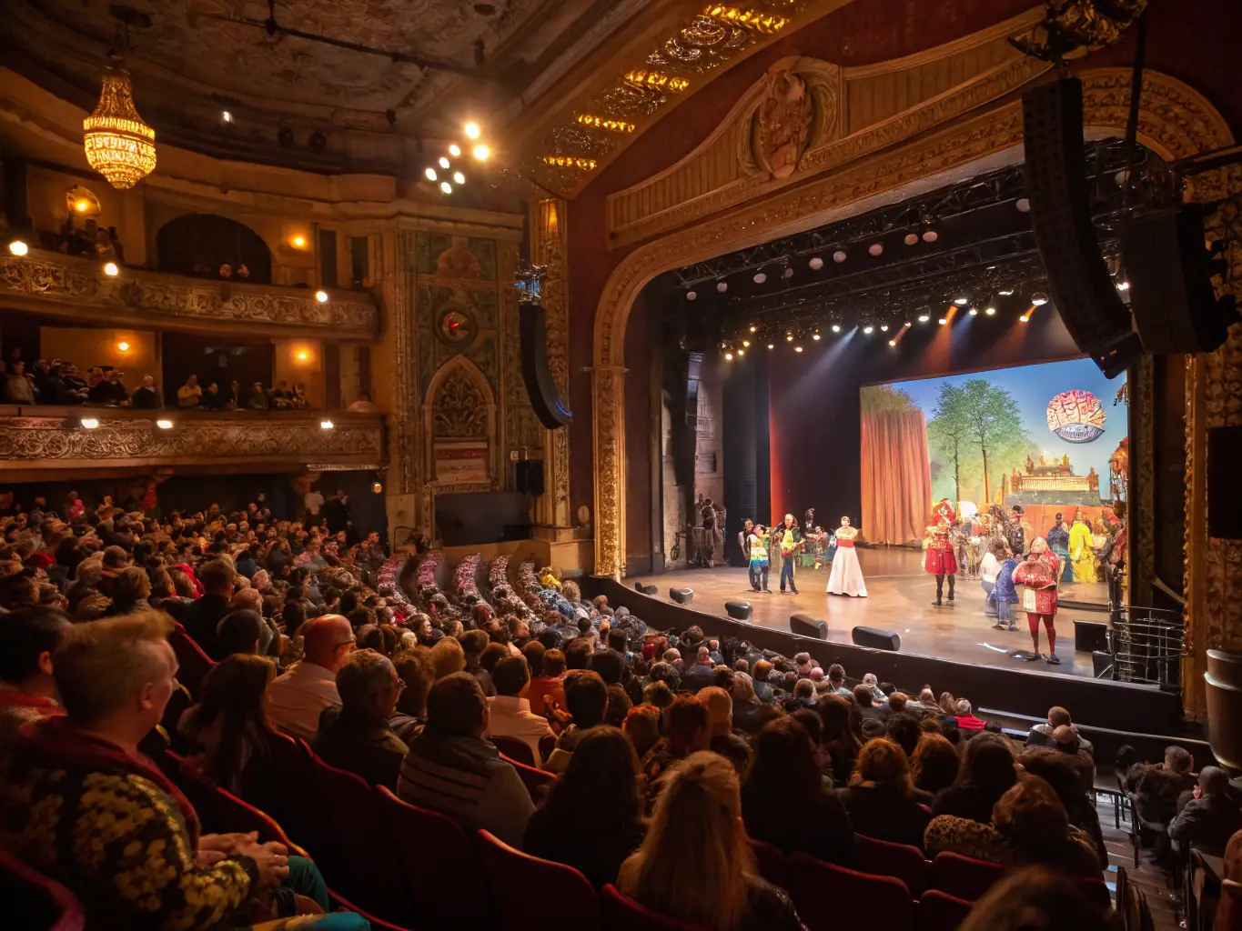 A lively scene of a community performance with an audience enjoying a local theater show, highlighting the community events and performances organized by MJCVP.